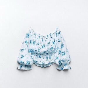 Zara White and Blue Floral Off-the-shoulder Crop Top